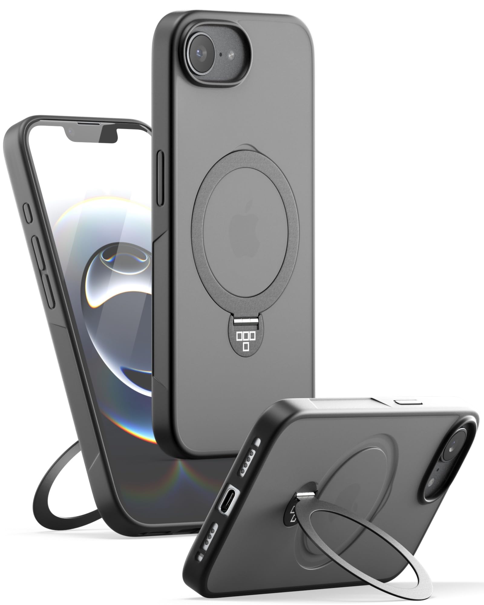 TEIQ iPhone 17e / iPhone 16e ケース リング付き スタンド 【 リング一体型 / 360°回転/縦横両対応 】 MagSafe対応/マグネット内蔵/指紋防止/マット質感/耐衝撃 カバー アイフォン 17e / 16e 用 (ブラック)