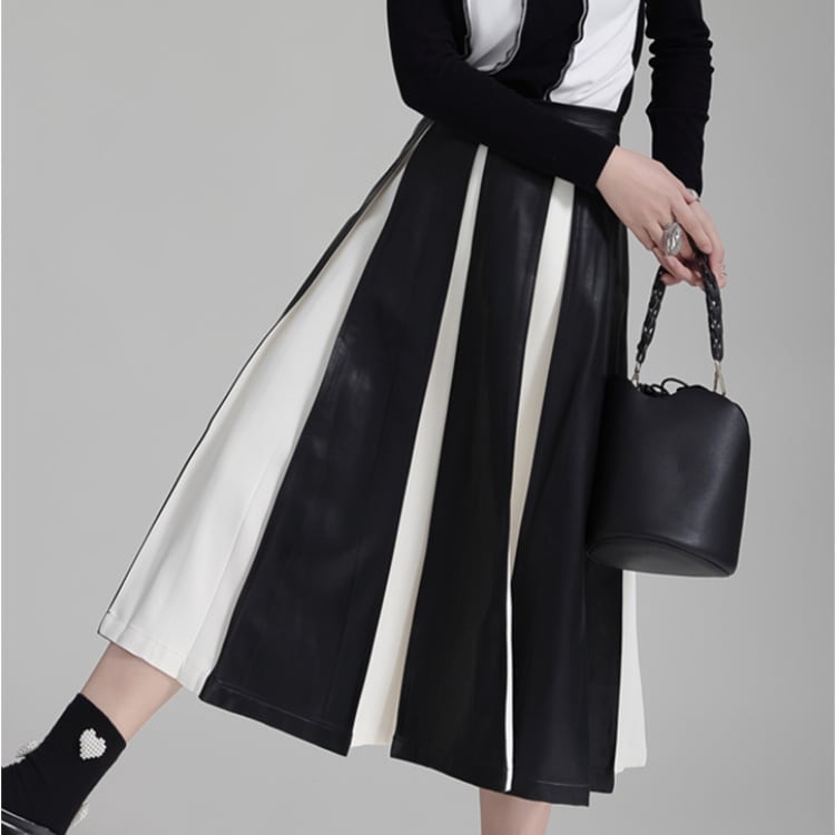 フェイクレザー切り替えプリーツミディスカート R30336