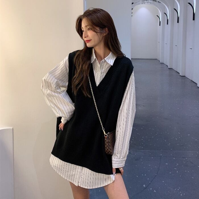 オータムスタイルルーズストライプホワイトシャツ ニット 秋物 ケッペル93551341260