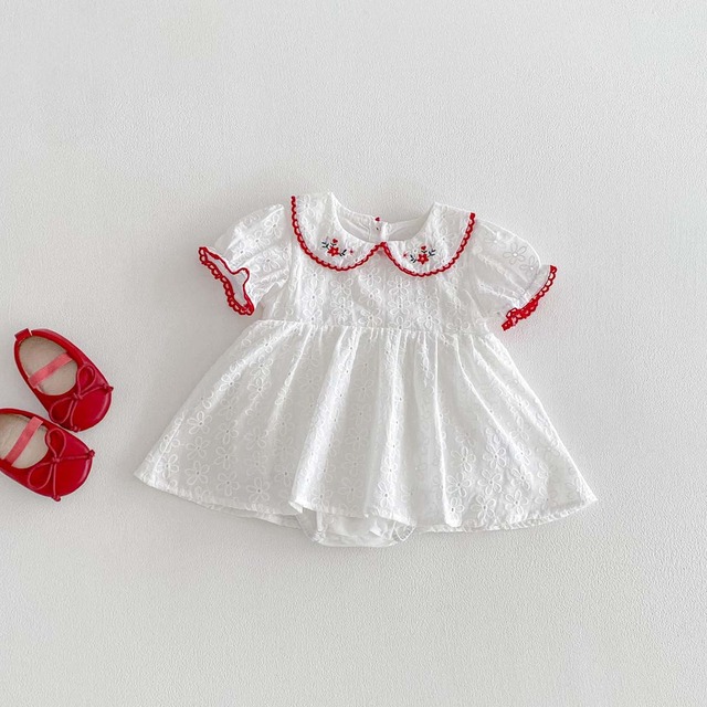 【BABY】フラワー刺繍丸襟半袖ロンパースワンピース - 15