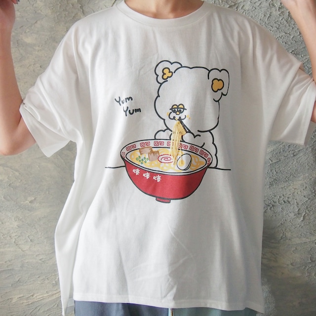 大人気につき再販!ラーメン 大好き!!! Hoooさんの ラーメン愛 フリンジ刺繍Tシャツ ユニセックス