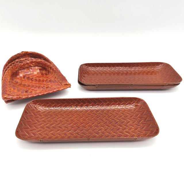 春慶塗・おしぼりトレー・菓子器・竹編み・漆器・3客セット・No.250929-04・梱包サイズ60