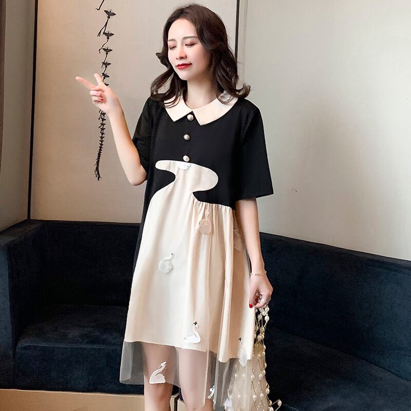 【新作】【送料無料】 マタニティウェア2020夏の新しいメッシュステッチ人形の襟のドレス、年齢を減らす流行の母親のミドル丈のマタニティドレス-アリババ サマー 夏物 expec211030540053