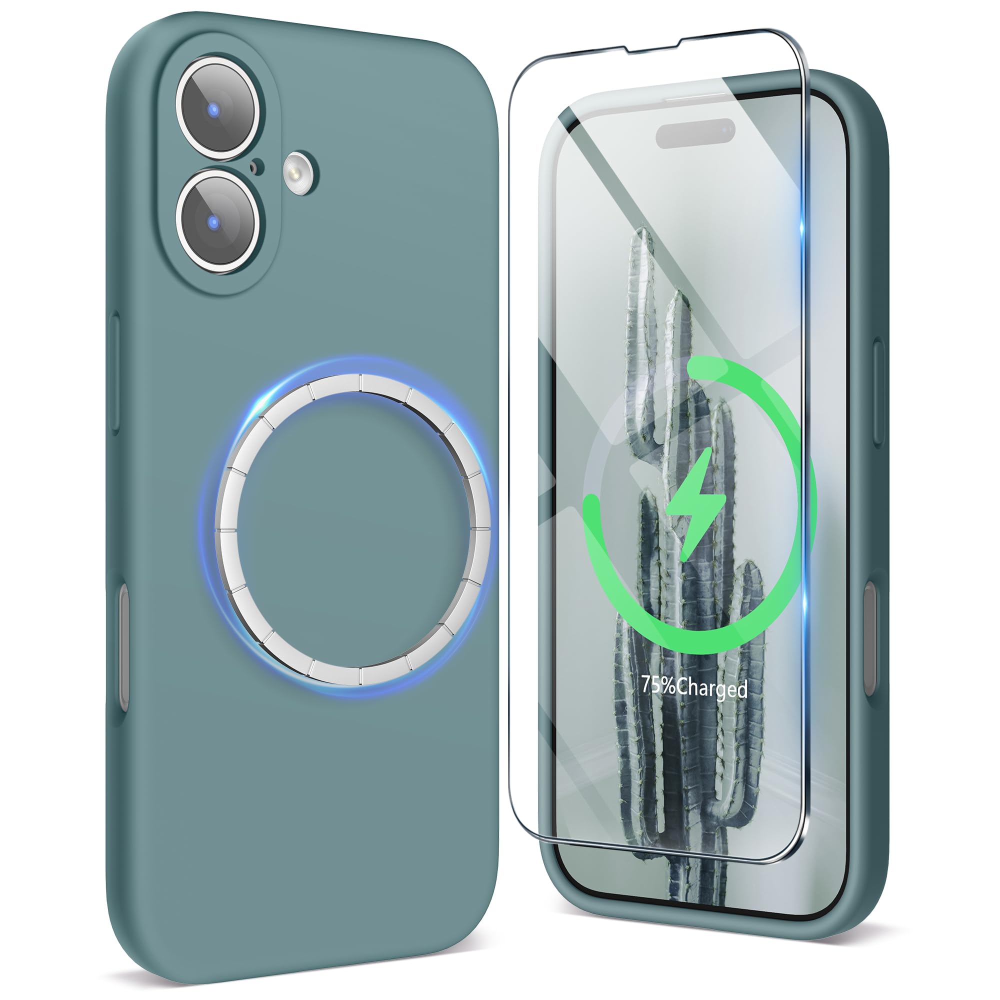 SURPHY iPhone 17 用ケース シリコン MagSafe対応,フィルム付き 6.3インチ対応(2025) スマホケース iPhone 17(カメラの全面保護) マグネット搭載 アイフォン17用ソフトカバー(サボテングリーン)