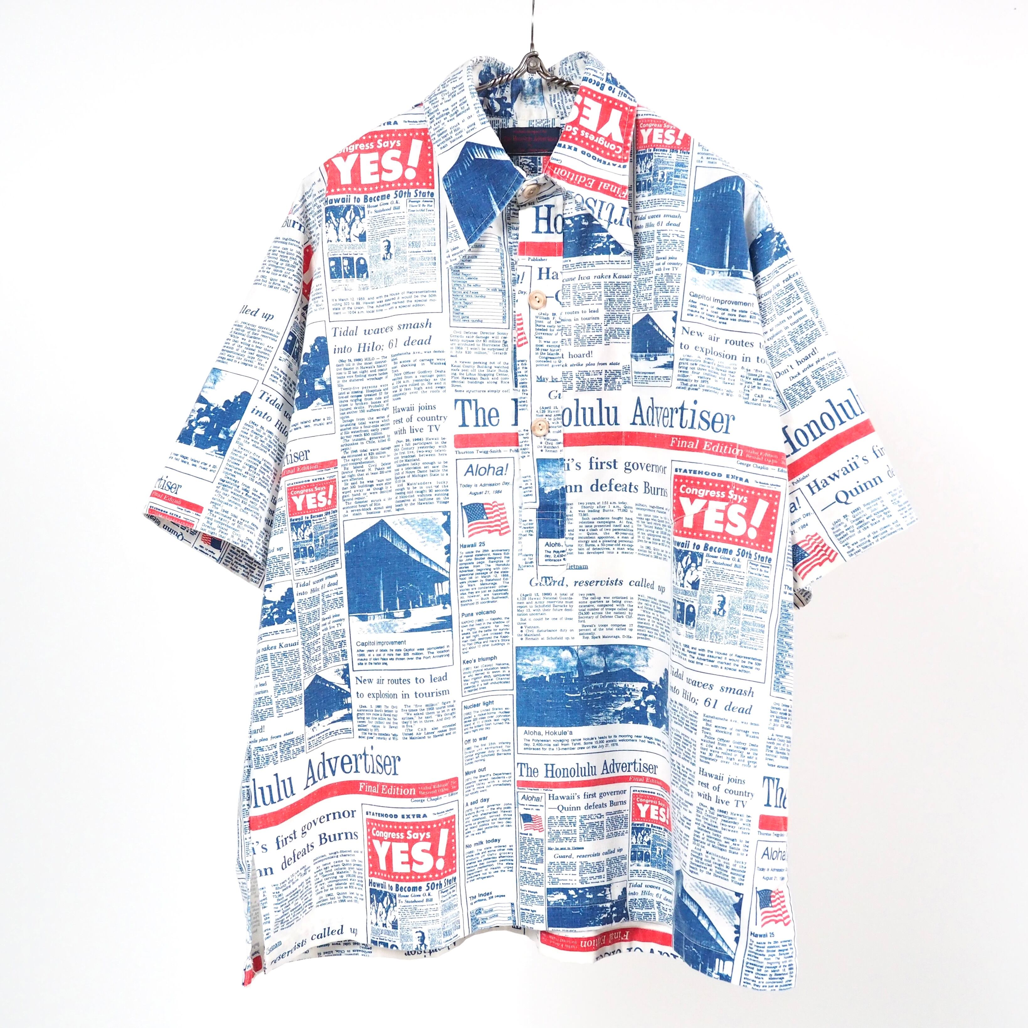 70’s The Honolulu Advertiser newspaper Hawaiian s/s shirt L/XL USA製 ハワイアンシャツ
