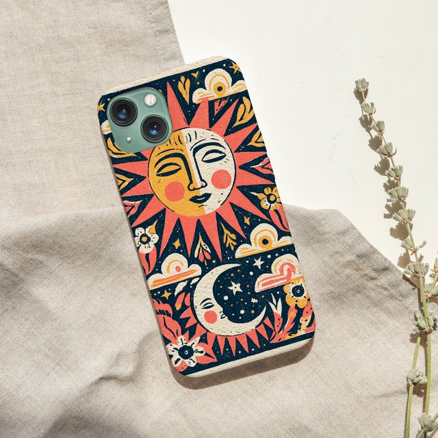 受注生産 iPhoneケース 太陽の顔と月の民芸柄｜天体モチーフ PSYF043C