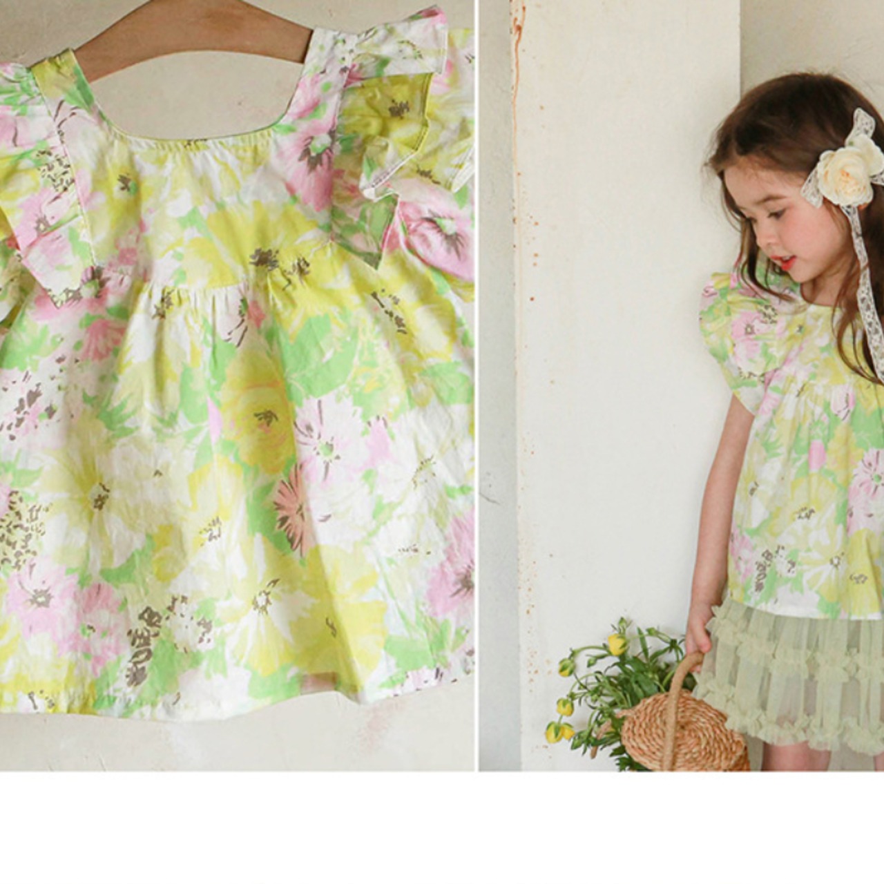 夏レトロ花柄フリルTシャツ