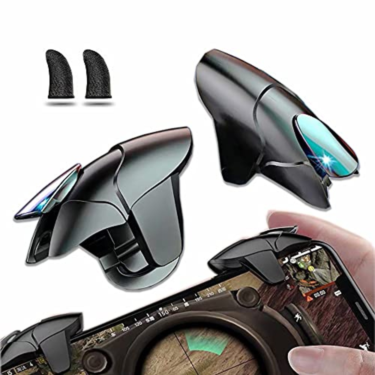 AIYUJIWU スマホ コントローラー 荒野行動 PUBG Mobile 最新型 スマホゲーム パッド クリック感 高感度 ジョイスティック 射撃ボタン 高速反応 左右兼用 連続射撃 電源ボタンと干渉しない 無段階調整 ケース対応 iphone/Sharp/Samsung/Xperia/Android 各種ゲーム対応可能 【2個パック】 (ブラック)