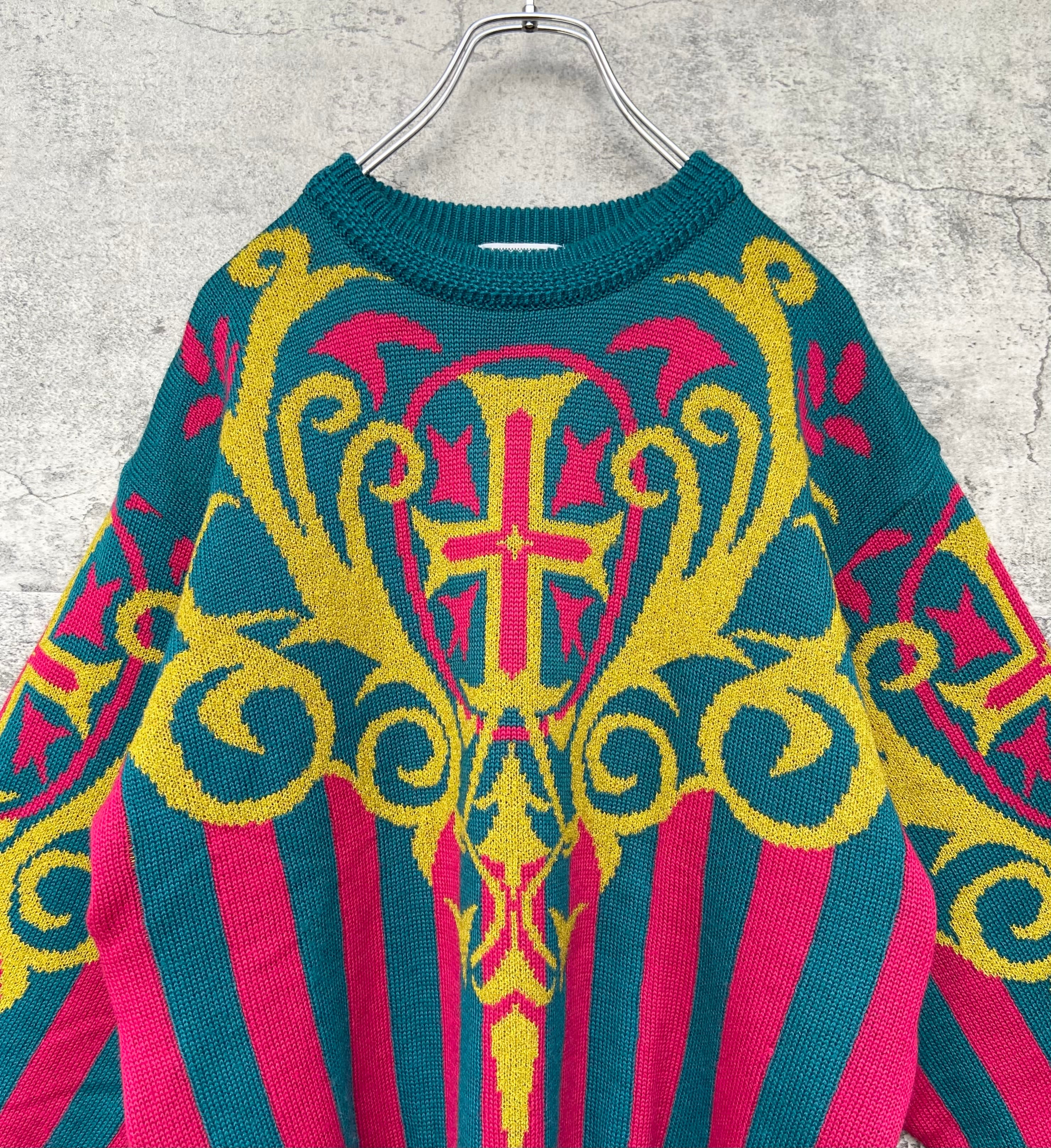 90s 総柄 両面デザインニット マルチカラー