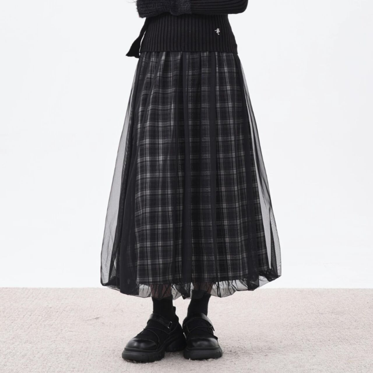 チュールドッキングチェック柄スカート a0631