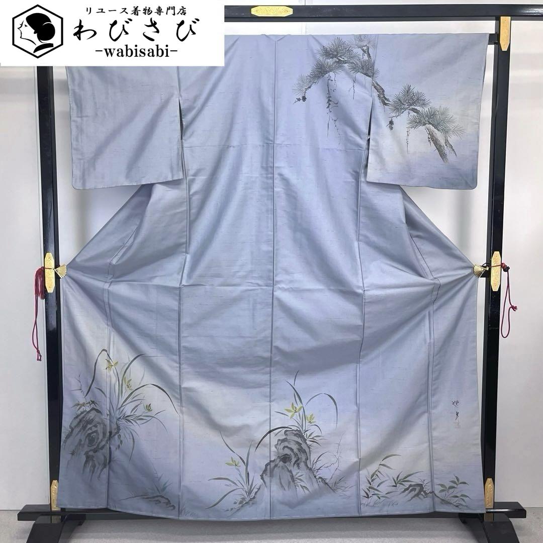 付下げ 加賀白山紬 作家物 手描き 花模様 薄鈍色 しつけ糸 K-4104 付下げ 加賀白山紬 作家物 手描き 花模様 薄鈍色 しつけ糸 K-4104 着物