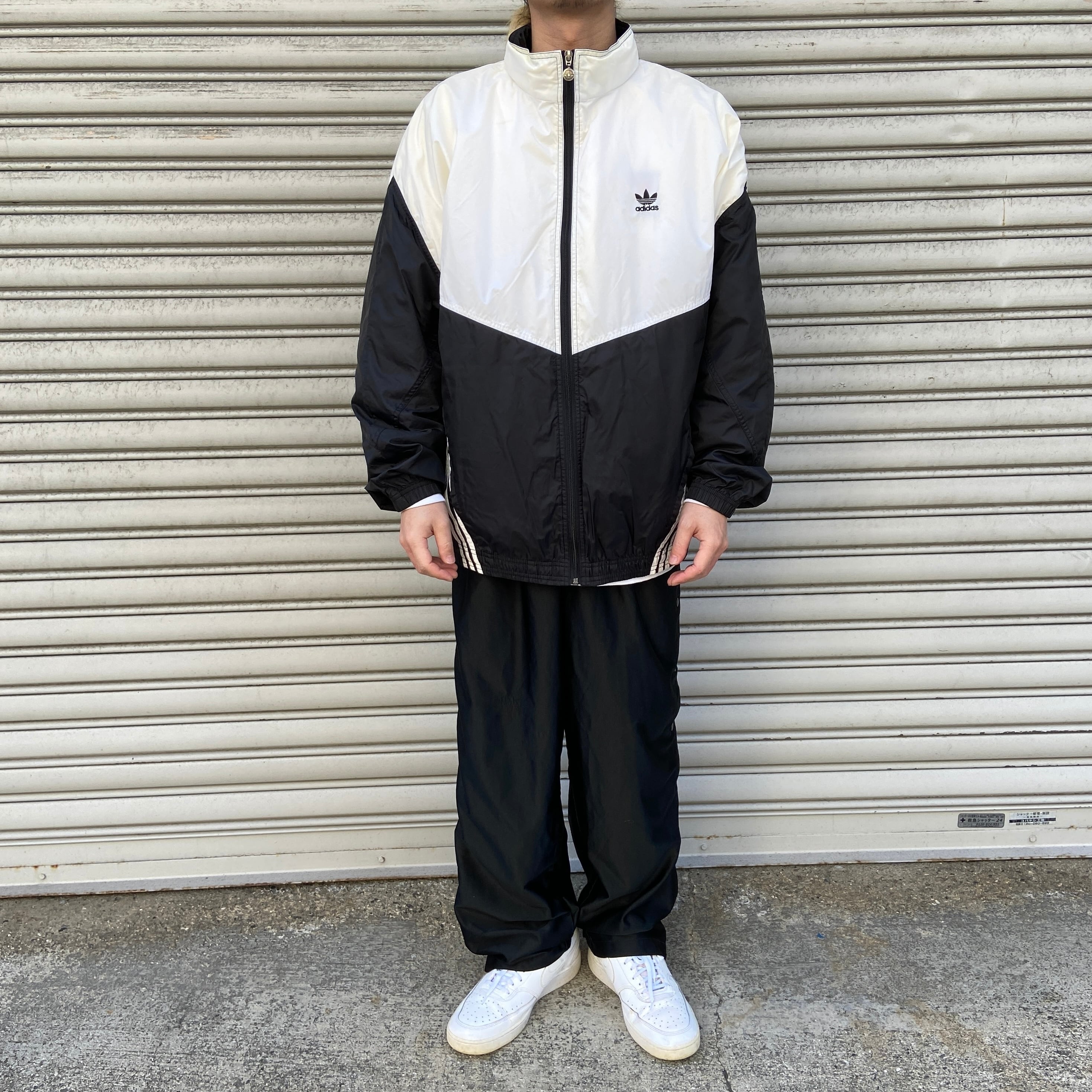 90s adidas ナイロンジャケット トレフォイルロゴ 3本線 白黒 L 90s adidas ナイロンジャケット トレフォイルロゴ 3本線 白黒 L