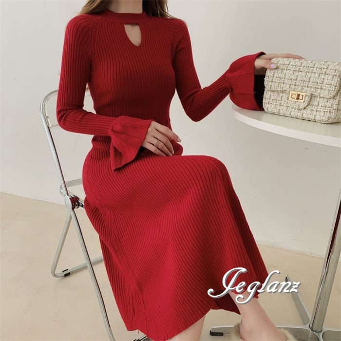 3色 リブ ニット ワンピース ハイネック ティアドロップ ♪(MA999)γ