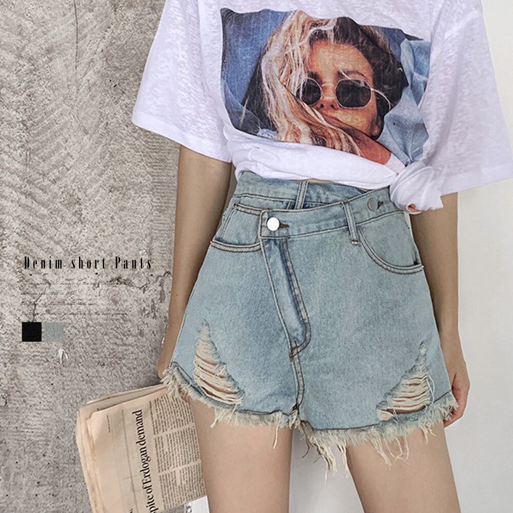 デニム ショートパンツ レディース 韓国 ダメージ 大人 ストリート かわいい カジュアル 大人可愛い 大人女子 アシンメトリー Ritz Chic レディースファッション通販