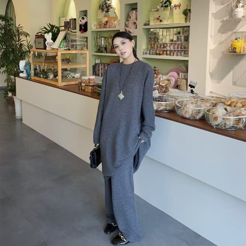 【set】ニットワンピース×ワイドパンツセット Q7246