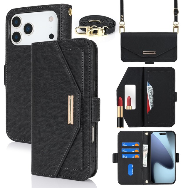 【Hamany】 対応 いphone18promax ケース 手帳型 スマホ ショルダー 鏡 いphone17pro max ケース -黒