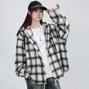 フード付き チェック柄 シャツ 長袖 レディース 春秋 起毛 韓国 大人 カジュアル ストリート アメカジ ゆったり オーバーサイズ 体型カバー レトロ おしゃれ 羽織り 大人可愛い 大人女子
