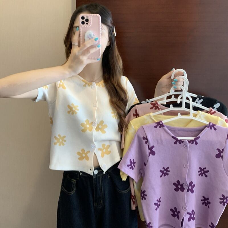 スリムショートニットセーター トップス サマー薄手スタイルフローラルカーディガン 夏物 花柄 1号婦人56259957105