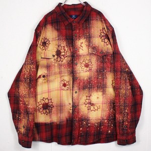【Caka act2】Tartan Check ×Bleach × Flower Pattern Vintage Loose L/S Shirt