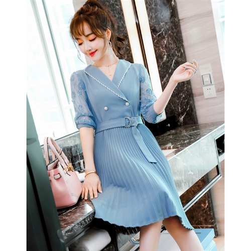 半袖ワンピース 大きいサイズ XL-4XL レース袖 春服 プリーツスカート ミドル丈 Aラインスカート きれいめ 膝丈スカート レディースワンピース お呼ばれ ウエストベルト 体型カバー エレガント