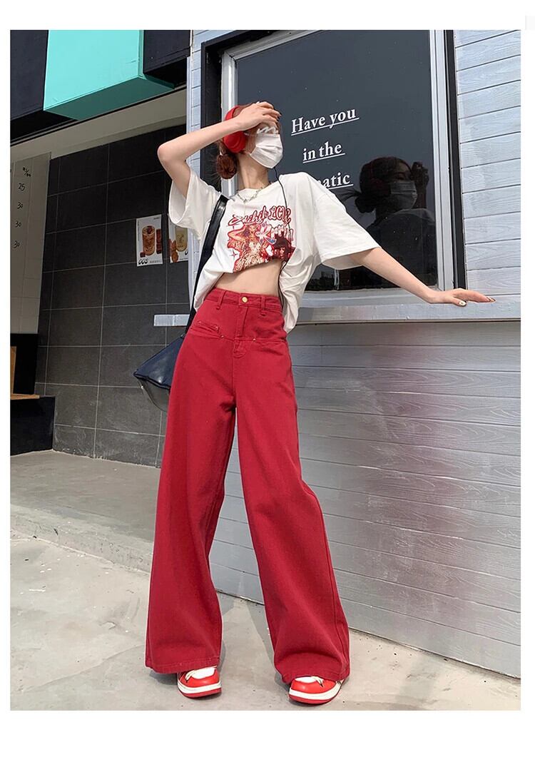 Y2K 赤だぶだぶのジーンズ女性スタイルの基本的な特大ワイドレッグ