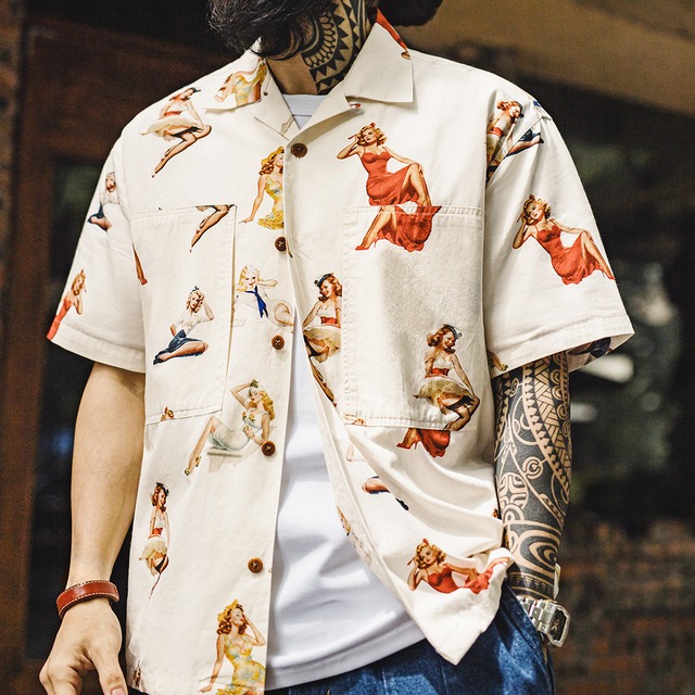 Vintage Pin-Up Print Short Sleeve Shirt / ヴィンテージ ピンナップ プリント ショート スリーブ シャツ