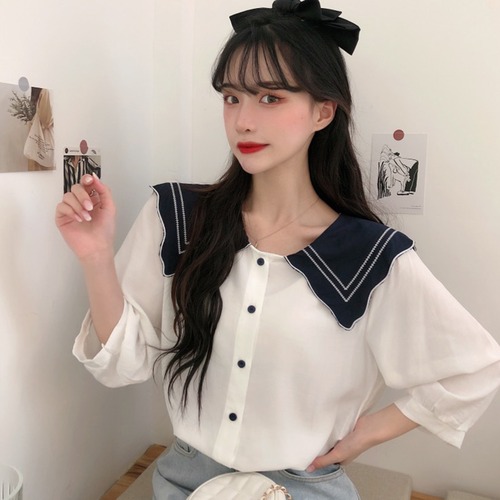 ✞ シャツブラウスきれいめ☆ネイビーカラー スウィート ✞ゴスロリ SM ミリ 甘ロリ クラロリ 和ロリ エレガント 黒ロリ 姫ロリ 華ロリ BB-BB5774966