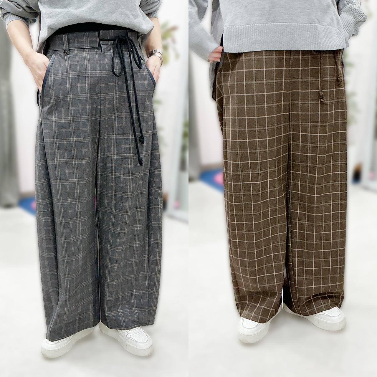 Lallia Mu チェックワイドパンツ(グレー/ブラウン) 2613771