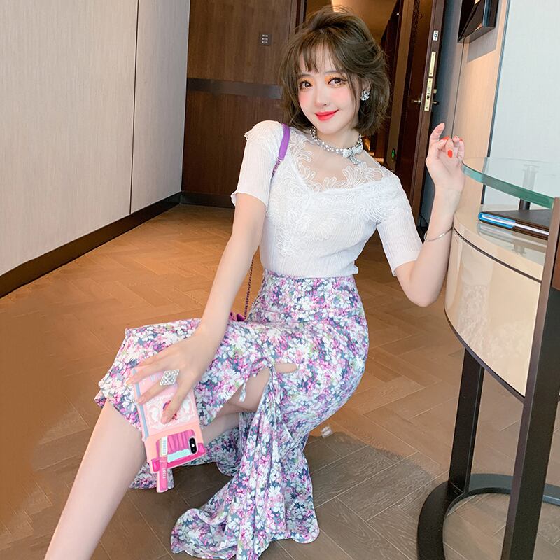 レースセーター ハイウェストウェストフローラルスカート スプリングサマー 春物 夏物 花柄 ステッチ MIUCO66756829622
