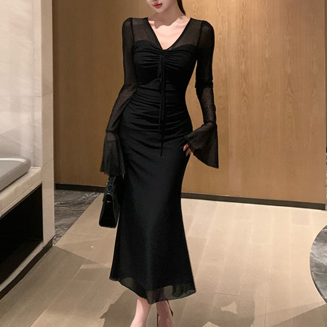 ワンピース スピーカースリーブ おしゃれ シルエット ブラック S M L XL