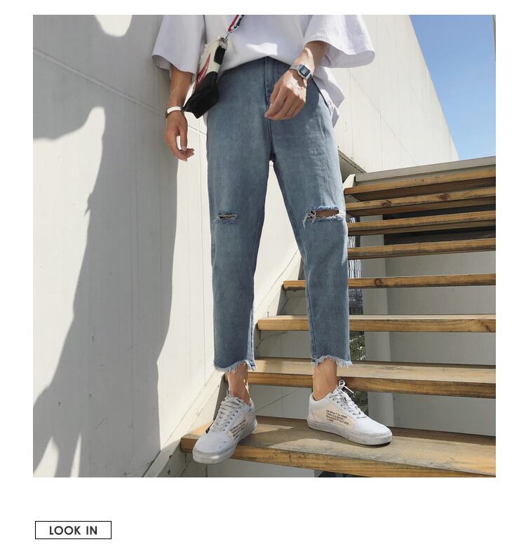 全2色 デニム パンツ ストレート カジュアル ダメージ 無地