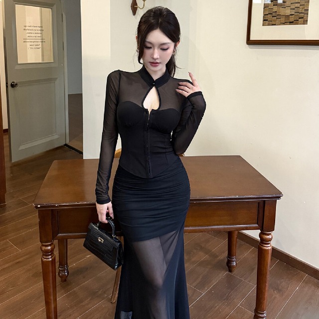 セットアップ トップス +スカート セクシー メッシュ バックオープン ブラック