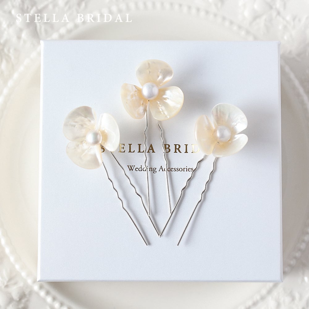【受注生産品】シェルと淡水パールのフラワーヘアピン 3ピースセット