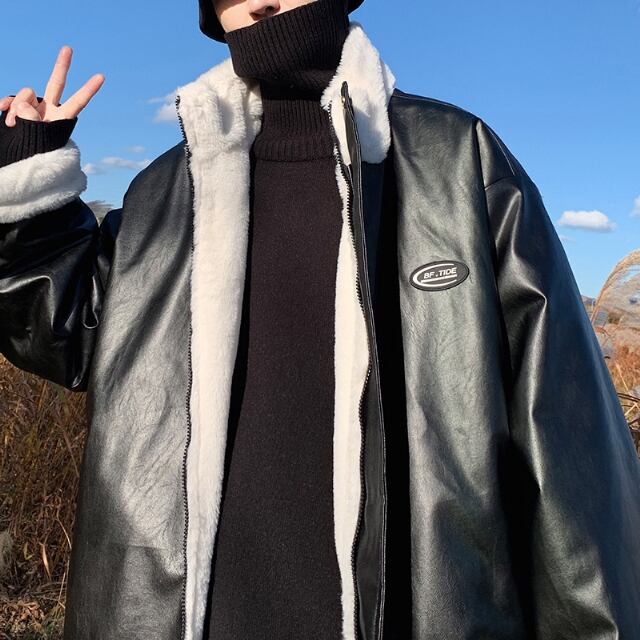 【予約販売】レザージャケット アウター ショート丈 裏ボア レザー ジップアップ ブラック ホワイト シンプル 防寒 メンズ 防寒 お洒落 こなれ感 ベーシック 秋冬 大きいサイズ M/L/XL/2XL