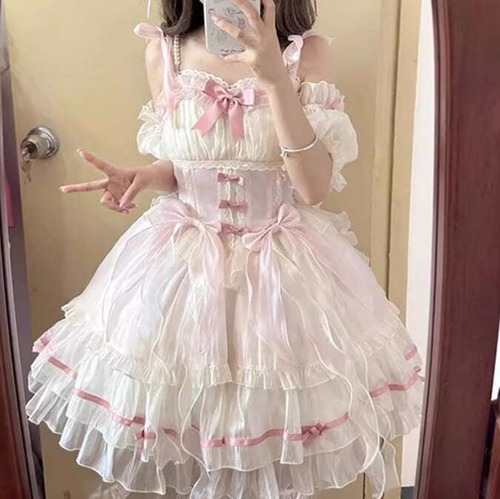 甘ロリ♡つけ袖＆リボン付きシフォンワンピース　wanpi46★