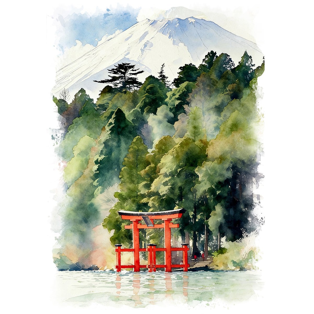 絵画(風景画) 日本 神奈川県 箱根神社 平和の鳥居 インテリアアート額付き 水彩画・油絵風 WAT0772