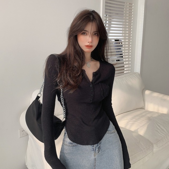 スリムボタンVネックショートTシャツ シャツ トップス スプリング ロング 春物 YY-ファッション33160013488