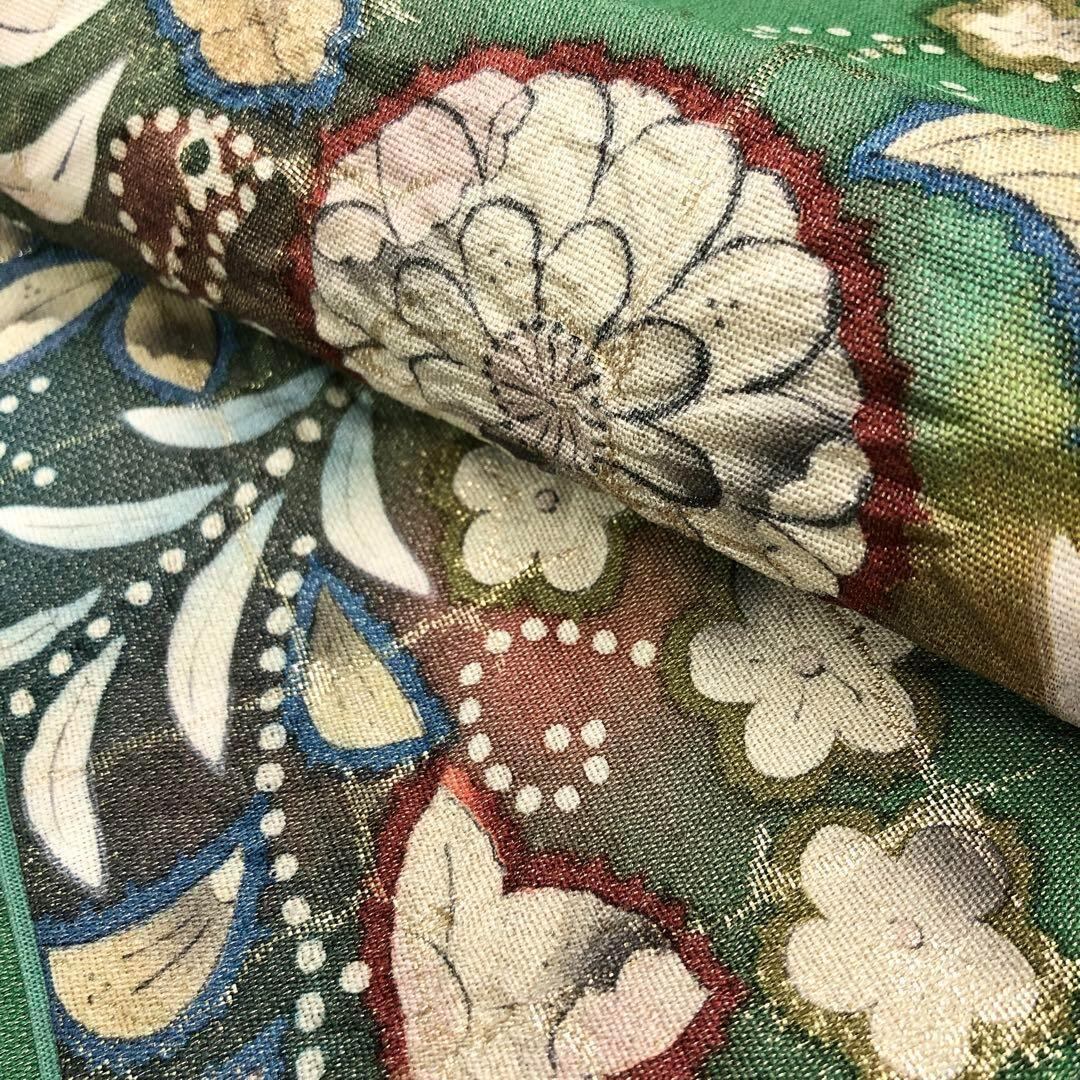 袋帯 作家物 美しい辻が花模様 金通し 草緑色 O-3245