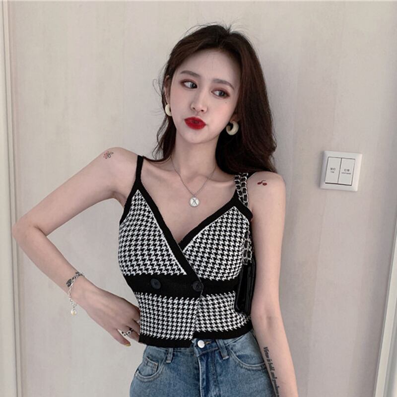 香港スタイルの気質2020年夏のVネックダブルブレストチェック柄ウエストショートニットスモールスリング女性トレンドの新バージョン YY-ファッション36249265132