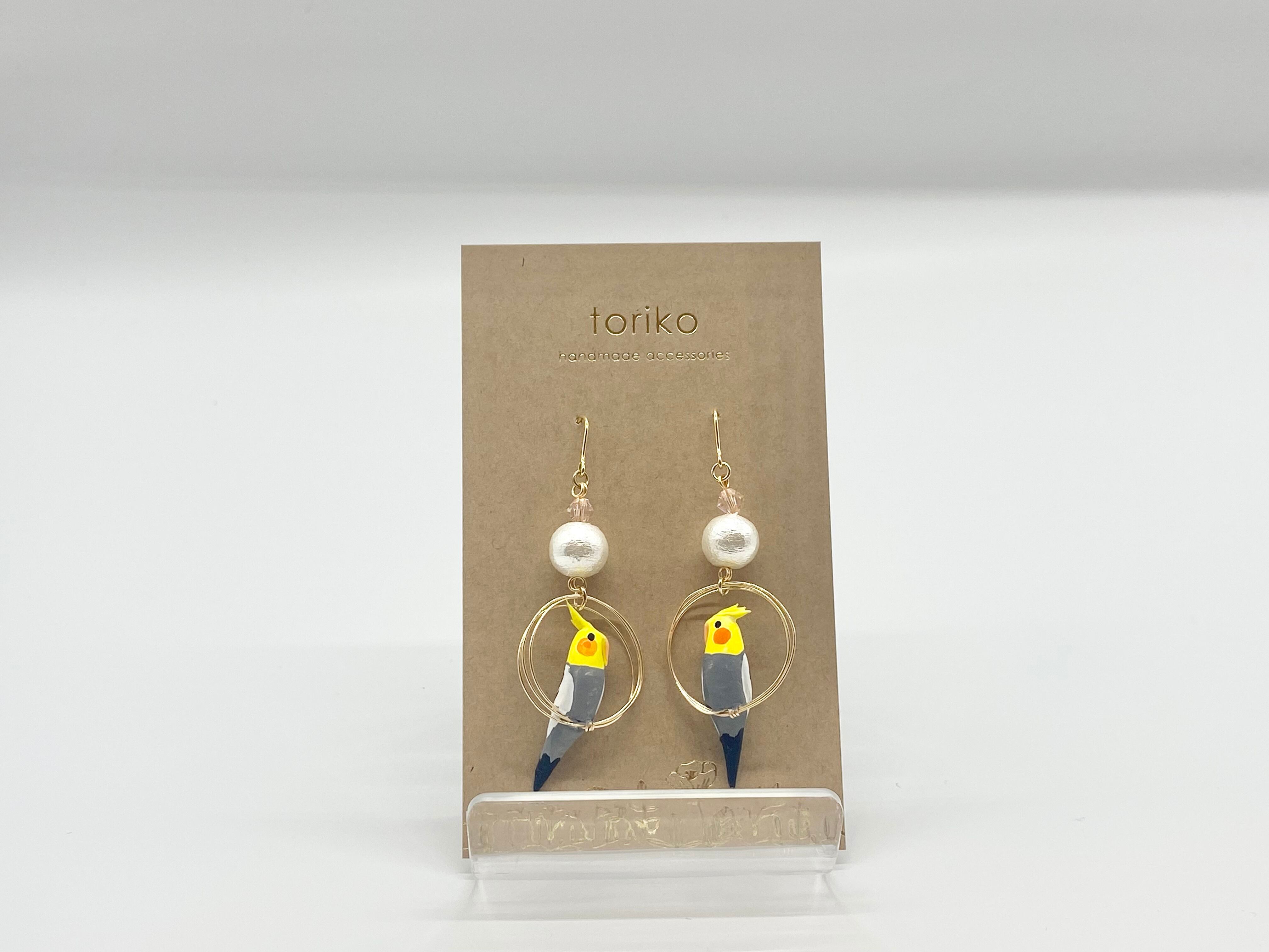 リング乗りオカメインコ(ノーマル)パール付ピアス・イヤリング