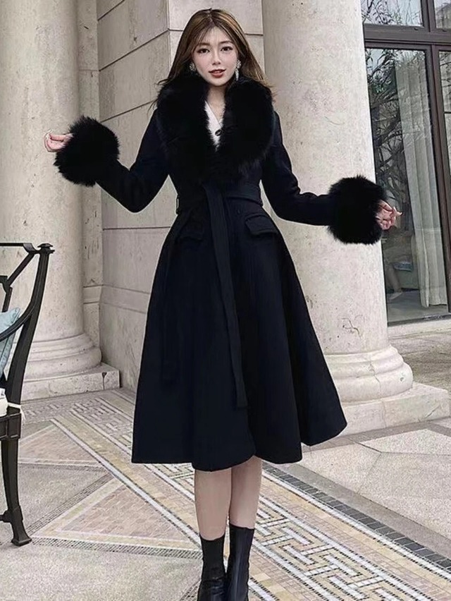 赤の高級毛皮の襟暖かいウールコート女性ルース痩身ベルトウエスト  