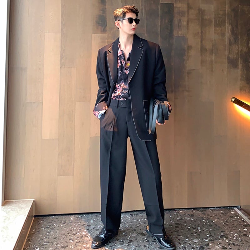 【予約販売】メンズ スーツ ブラック ブルー 男前 カジュアル ジャケット パンツ セット セットアップ パーティ パーティー 二次会 同窓会 結婚式 韓国 トレンド S/M/L/XL