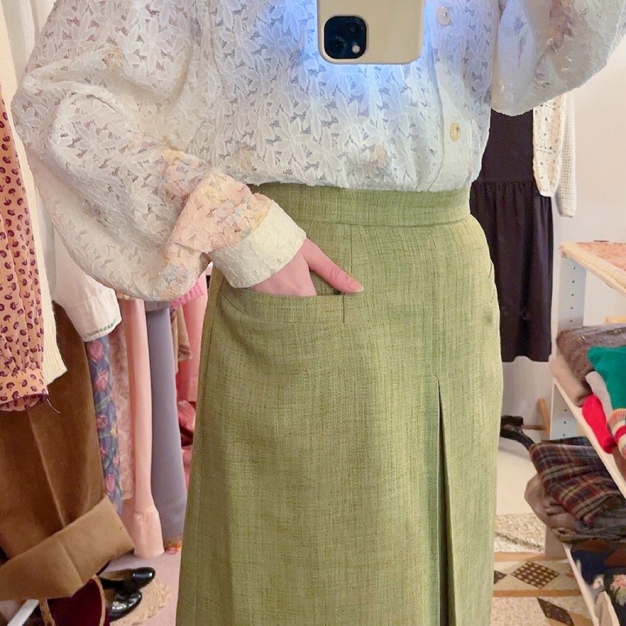 moss green tuck skirt