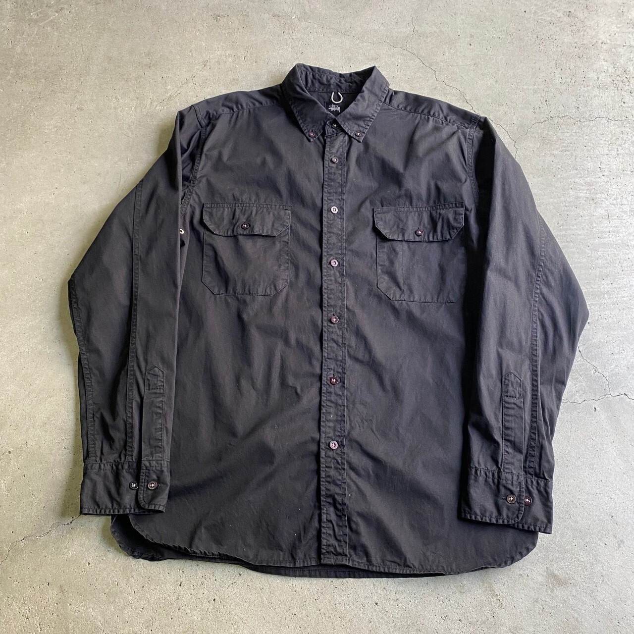 STUSSY ステューシー 無地 ブラック コットンシャツ メンズL 古着 黒 