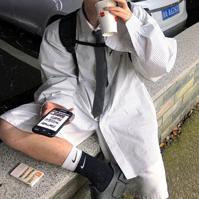 ピンストライプワンポイントルーズシャツ　1105