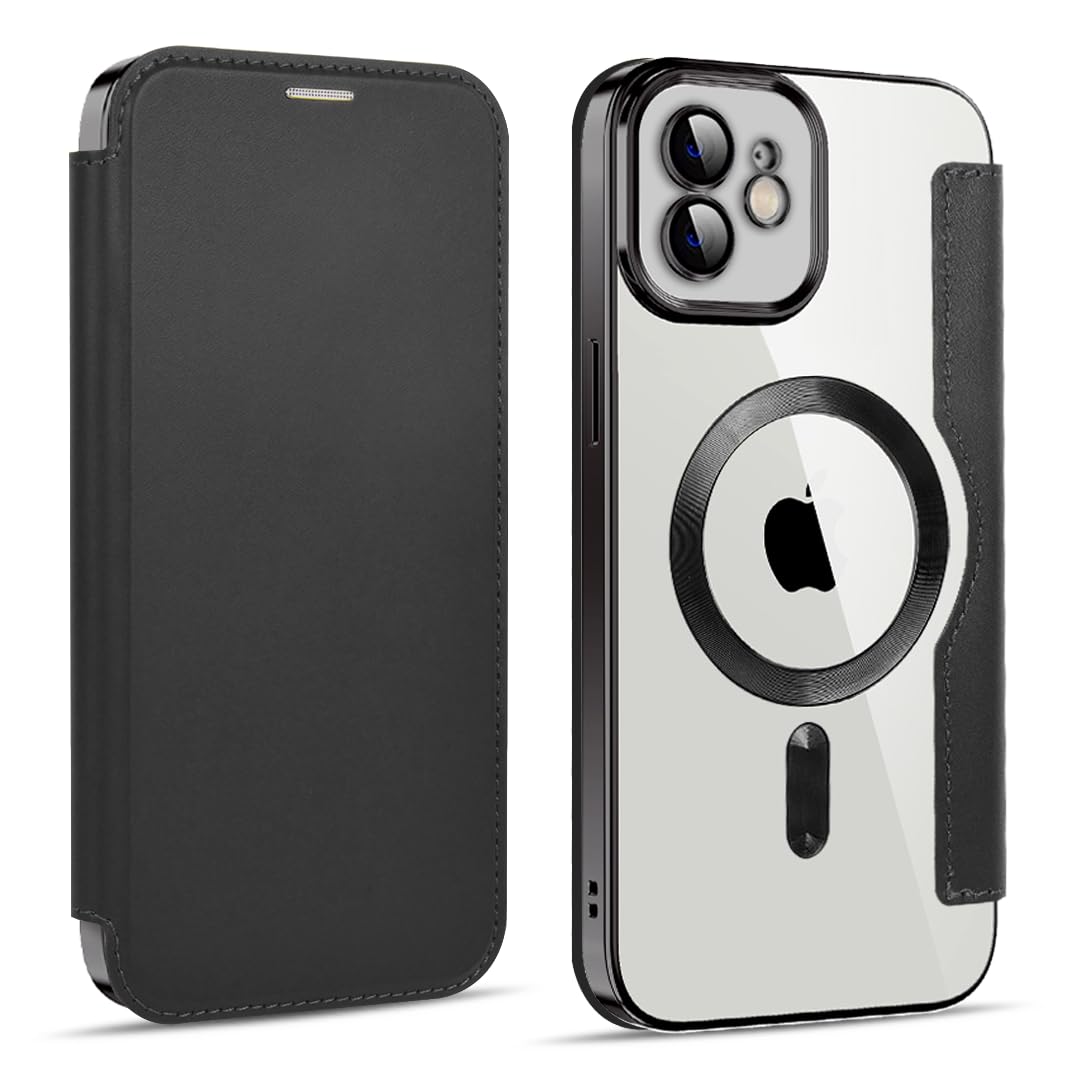 MuZiF iPhone 12 用 ケース 手帳型 Magsafe対応 クリア 背面 透明 高級なPUレザー 永久磁石 マグネット スマホケース カード収納、人気財布型 カバー 軽量 アイフォン12 用 手帳カバー (iPhone 12,ブラック)