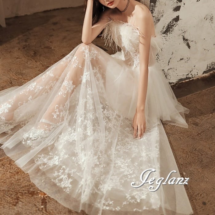 パーティ イブニングドレス ベアトップ フェザードレス シアー 透け感(M7667)ζ