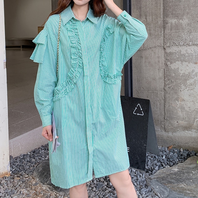 stripe frill shirt one-piece J00192