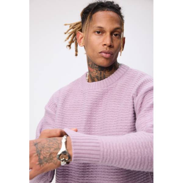 ピンクパープル あぜ編みミドルゲージニット オーバーサイズ 秋冬