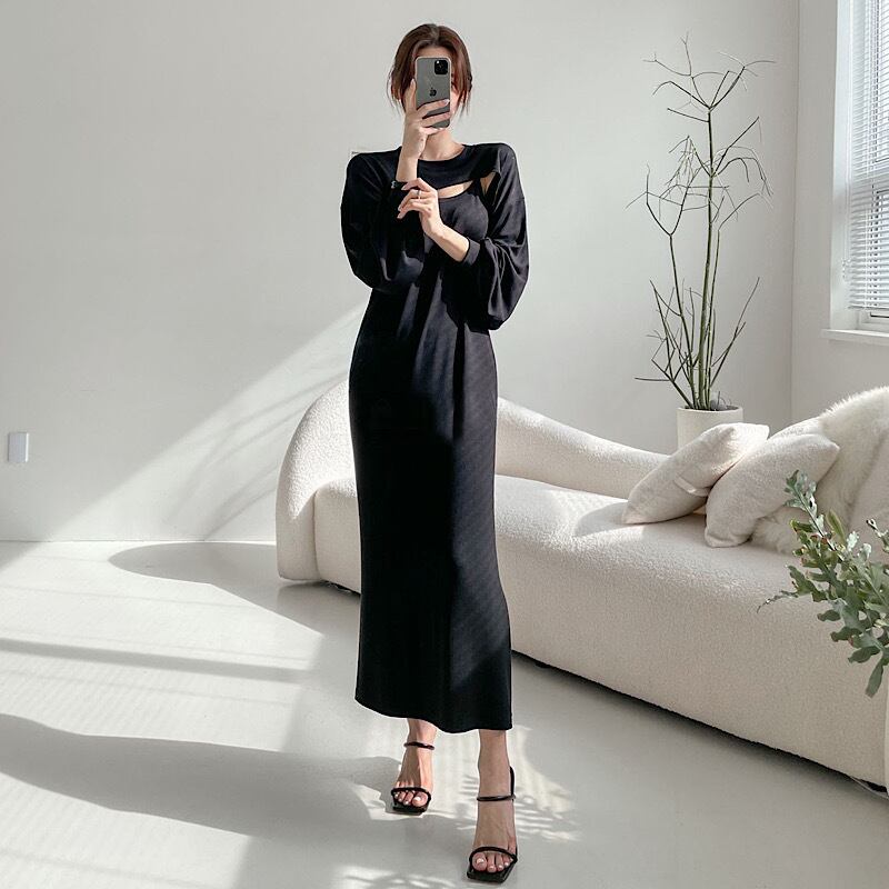 Deco Choice 韓国っぽ レイヤード ワンピース クロップド丈 キャミワンピ 2点セット 骨格ストレート ロング丈 ツーピース ワンピ 大人っぽ Lamitte Deco トレンド 韓国ファッション ショップ Base店